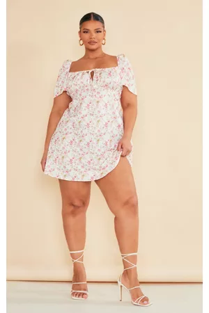 PRETTYLITTLETHING Women Puff Sleeve Dress - Plus Pink Ditsy Floral Puff Sleeve Shift Dress