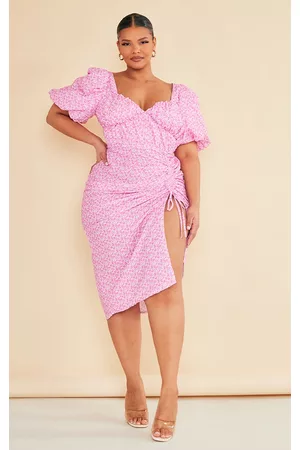 PRETTYLITTLETHING Women Ruched Midi Dresses - Plus Hot Pink Floral Puff Sleeve Ruched Side Split Midi Dress