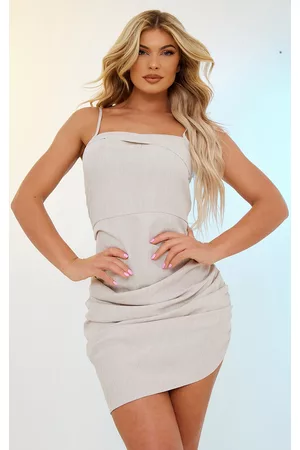 PRETTYLITTLETHING Stone Linen Look Fold Over Ruched Bodycon Dress