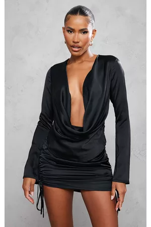PRETTYLITTLETHING Women Long Sleeve Bodycon Dresses - Black Satin Extreme Cowl Ruched Long Sleeve Bodycon Dress