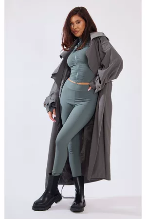 PRETTYLITTLETHING Women Trench Coats - Charcoal Woven Hooded Oversized Trench Coat