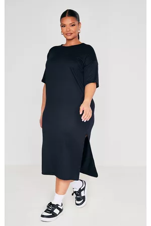 PRETTYLITTLETHING Women Casual Dresses - Plus Black Oversized Midi T Shirt Dress