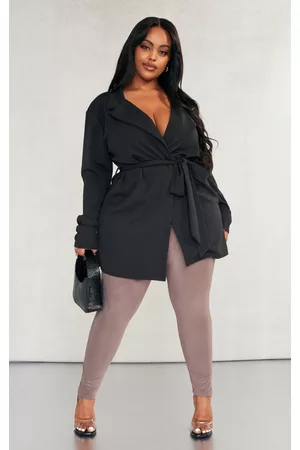 PRETTYLITTLETHING Women Blazers - Plus Black Scuba Crepe Shoulder Padded Wrap Belted Blazer