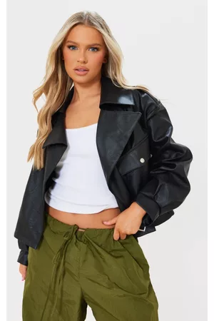 PRETTYLITTLETHING Women Leather Jackets - Black Textured Look Faux Leather Biker Jacket