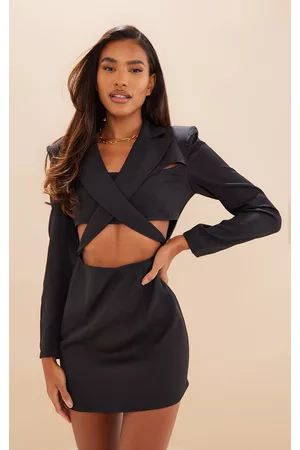 PRETTYLITTLETHING Women Blazer Dresses - Black Woven Cross Front Cut Out Blazer Dress