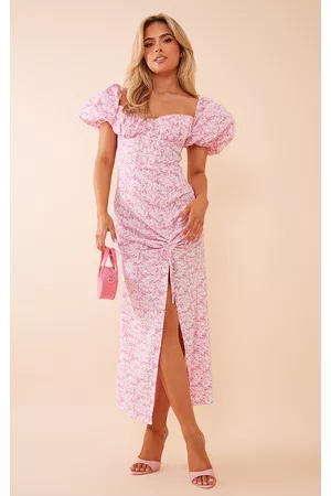 PRETTYLITTLETHING Women Ruched midi dresses - Pink Floral Satin Puff Sleeve Corset Ruched Midi Dress