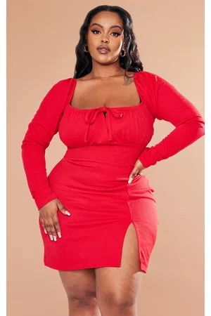 PRETTYLITTLETHING Women Puff Sleeve Dress - Plus Red Puff Sleeve Tie Front Bodycon Dress