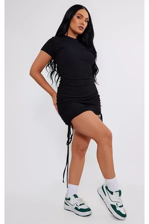 PRETTYLITTLETHING Women Ruched bodycon dresses - Black Thick Rib Ruched Side Cap Sleeve Bodycon Dress