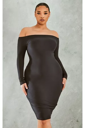 PRETTYLITTLETHING Plus Black Soft Touch Bardot Bodycon Dress