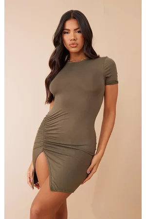 PRETTYLITTLETHING Women Ruched bodycon dresses - Dark Olive Jersey Short Sleeve Ruched Side Bodycon Dress