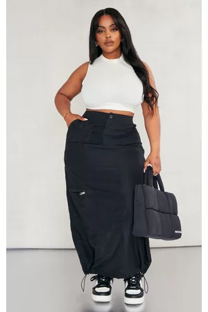 PRETTYLITTLETHING Women Midi Skirts - Plus Black Zip Up Detail Midi Skirt