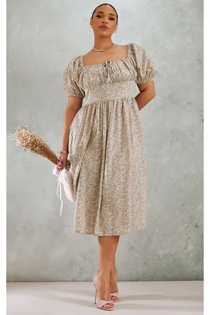 PRETTYLITTLETHING Plus Taupe Ditsy Floral Puff Sleeve Midi Dress