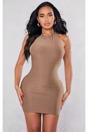 PRETTYLITTLETHING Shape Taupe Soft Touch Halterneck Cut Out Back Dress