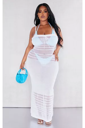 PRETTYLITTLETHING Plus White Ruched Bust Knitted Beach Dress