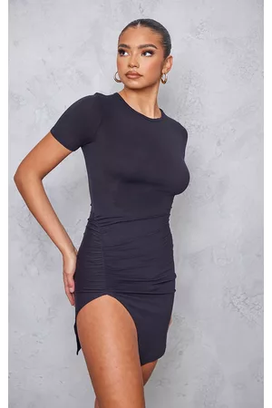 PRETTYLITTLETHING Black Jersey Short Sleeve Ruched Side Bodycon Dress