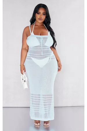 PRETTYLITTLETHING Women Knitted Dresses - Plus Baby Blue Ruched Bust Knitted Beach Dress
