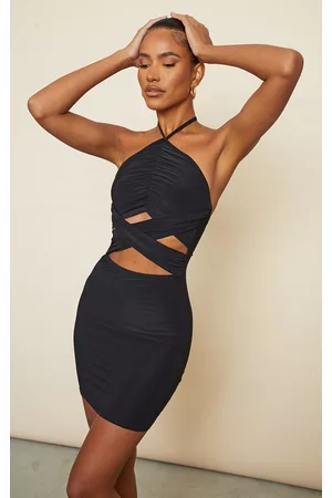 PRETTYLITTLETHING Women Ruched bodycon dresses - Black Slinky Ruched Halter Cross Waist Bodycon Dress