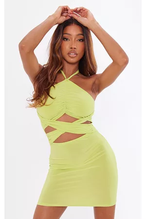 PRETTYLITTLETHING Lime Slinky Ruched Halter Cross Waist Bodycon Dress