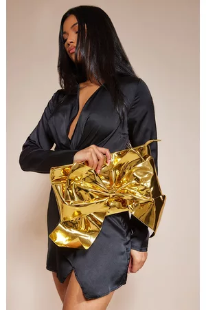 PRETTYLITTLETHING Gold Metallic Oversized Bow Clutch Bag