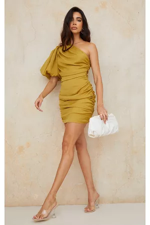 PRETTYLITTLETHING Olive Chiffon One Shoulder Puff Sleeve Bodycon Dress