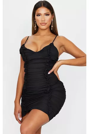 PRETTYLITTLETHING Women Ruched Bodycon Dresses - Shape Black Chiffon Plunge Ruched Bodycon Dress