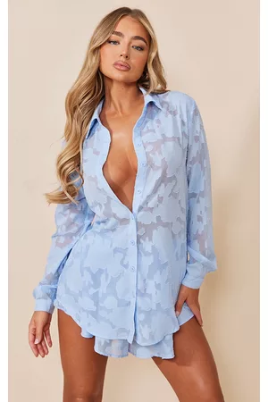 PRETTYLITTLETHING Women Long Sleeved Shirts - Pale Blue Sheer Floral Textured Long Sleeve Oversized Shirt
