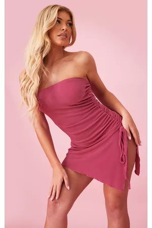PRETTYLITTLETHING Women Ruched Bodycon Dresses - Pink Acetate Slinky Bandeau Ruched Lettuce Hem Bodycon Dress