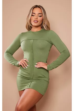 PRETTYLITTLETHING Women Long Sleeve Bodycon Dresses - Khaki Jersey Long Sleeve Seam Detail Bodycon Dress