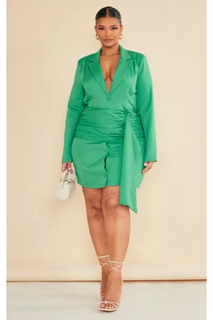 PRETTYLITTLETHING Women Blazer Dresses - Plus Green Pleated Front Drape Detail Blazer Dress