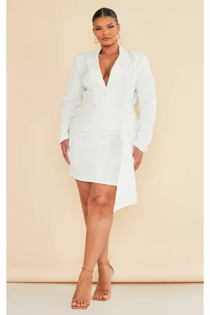 PRETTYLITTLETHING Women Blazer Dresses - Plus White Pleated Front Drape Detail Blazer Dress