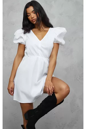 PRETTYLITTLETHING Women Puff Sleeve Dress - White Puff Sleeve Poplin Shift Dress