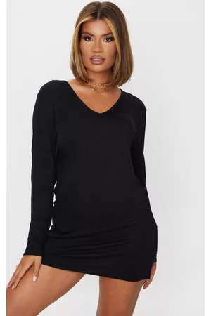 PRETTYLITTLETHING Women Long Sleeve Dresses - Black Basic Long Sleeve V Neck Plunge T-Shirt Dress