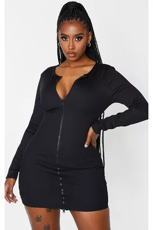 PRETTYLITTLETHING Women Long Sleeve Bodycon Dresses - Shape Black Jumbo Rib Zip Detail Long Sleeve Bodycon Dress