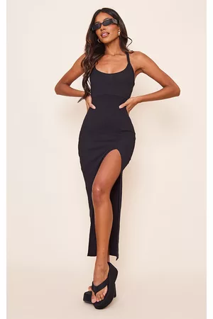 PRETTYLITTLETHING Women Cup Padded Dress - Black Soft Rib Cut Out Tie Back Midaxi Dress