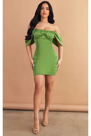 PRETTYLITTLETHING Women Ruched Bodycon Dresses - Petite Olive Satin Ruched Detail Bardot Bodycon Dress