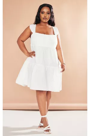 PRETTYLITTLETHING Women Shift Dresses - Plus White Textured Tiered Shift Dress
