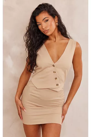 PRETTYLITTLETHING Women Sleeveless Dresses - Oatmeal Button Overlay Sleeveless Blazer Dress