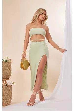 PRETTYLITTLETHING Women Cut Out Bikinis - Sage Soft Touch Bandeau Cut Out Waist Strap Midaxi Dress