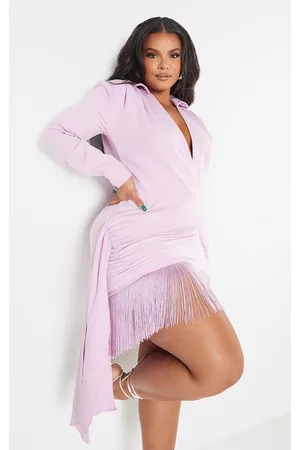 PRETTYLITTLETHING Women Long Sleeve Bodycon Dresses - Plus Lilac Long Sleeve Tassel Hem Drape Detail Bodycon Dress