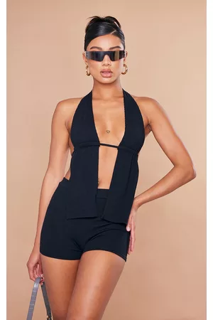 PRETTYLITTLETHING Women Bras - Black Crinkle Rib Halterneck Bralette