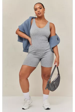 PRETTYLITTLETHING Women Playsuits & Rompers - Plus Grey Plunge Front Unitard