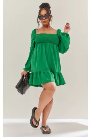 PRETTYLITTLETHING Women Shift Dresses - Plus Green Chiffon Shirred Front Shift Dress
