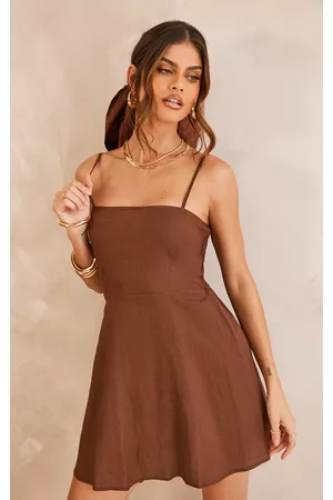 PRETTYLITTLETHING Women Casual Dresses - Chocolate Straight Neck Linen Look Ruched Back Detail Swing Dress