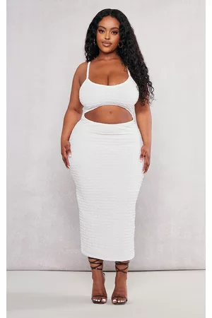 PRETTYLITTLETHING Women Midi Dresses - Plus White Textured Cut Out Midi Dress