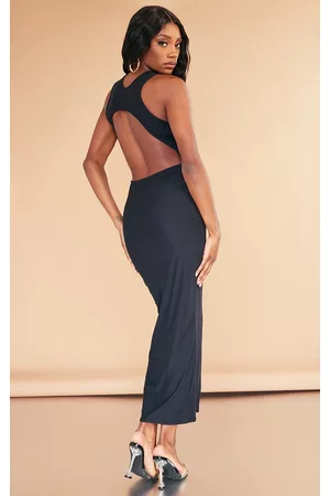 PRETTYLITTLETHING Women Padded Dresses - Black Soft Touch Extreme Racer Cut Out Back Midaxi Dress