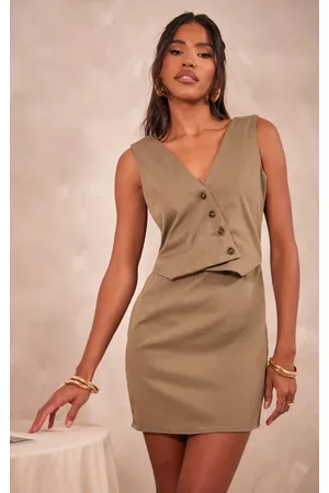 PRETTYLITTLETHING Women Sleeveless Dresses - Khaki Button Overlay Sleeveless Blazer Dress
