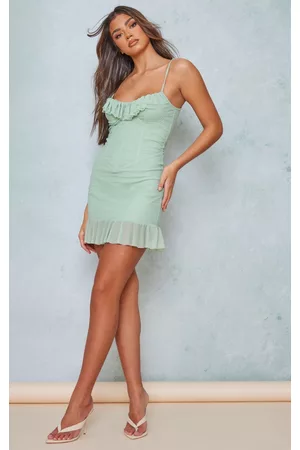 PRETTYLITTLETHING Women Mesh Bodycon Dresses - Sage Green Mesh Corset Frill Trim Detail Strappy Bodycon Dress