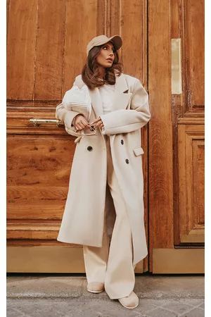 PRETTYLITTLETHING Women Coats - Stone Double Breasted Wool Look Overcoat
