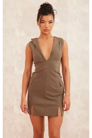 PRETTYLITTLETHING Women V-Neck Dresses - Khaki Sleeveless Pocket Detail Plunge Neck Bodycon Dress