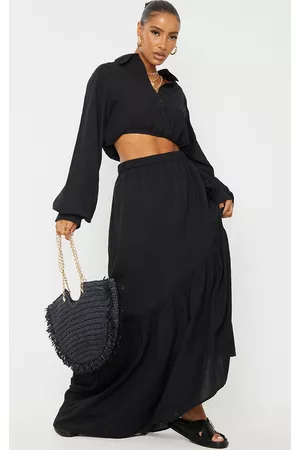 PRETTYLITTLETHING Women Maxi Dresses - Black Linen Feel Maxi Skirt